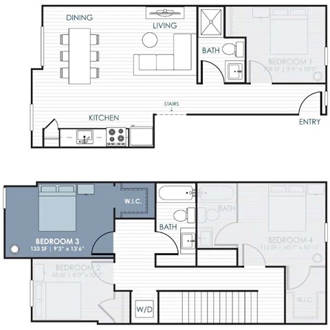 Floor plan for 1 bed, 1 bath, 133 sqft